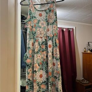 Floral Midi Dress in Green and Pink